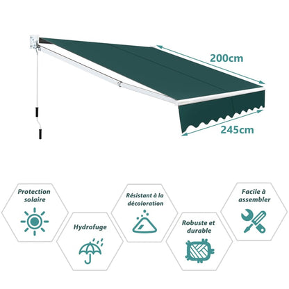 store banne manuel sans coffre rétractable 245x200CM Angle Ajustable 40°-100° sans Perçage Vert