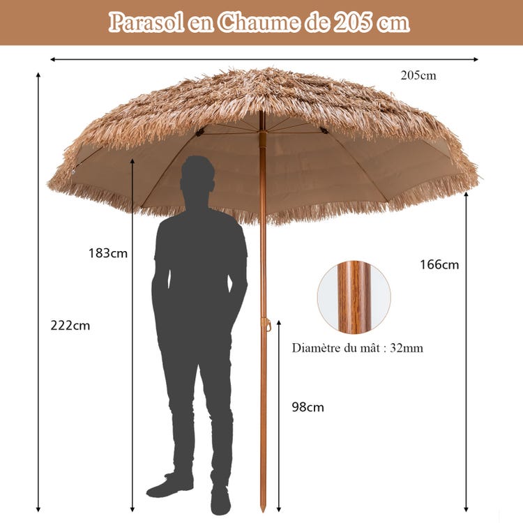 Parasol de Jardin de Paille 205Dx222H cm, Bord Drapé/8 Baleines