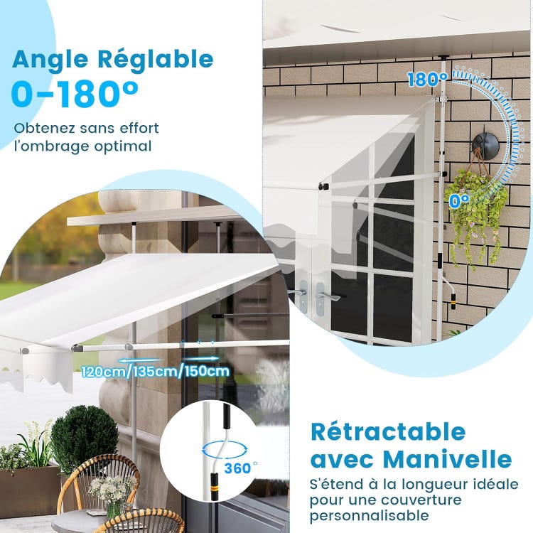 auvent terrasse rétractablevert en tissu imperméable 200 à 400x120cm