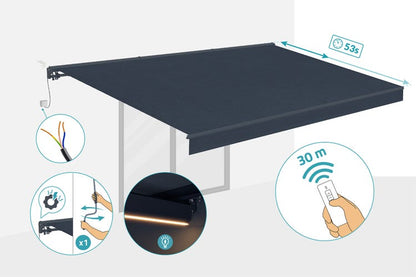 store banne led motorisé semi-coffre gris 5x3m toile grise