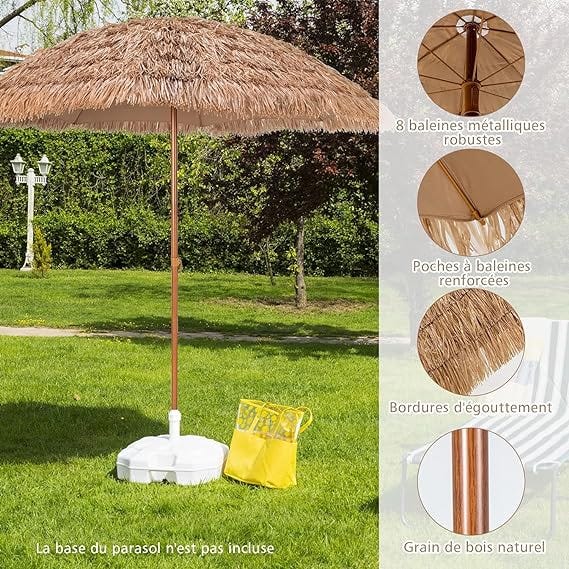 Parasol de Jardin de Paille 205Dx222H cm, Bord Drapé/8 Baleines