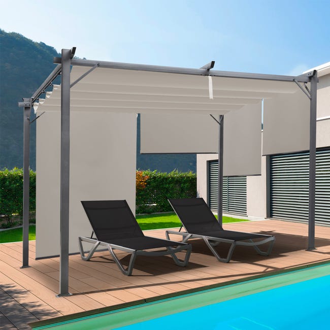 Pergola avec 3 toiles coulissantes 3L x 3l m métal époxy toile grise