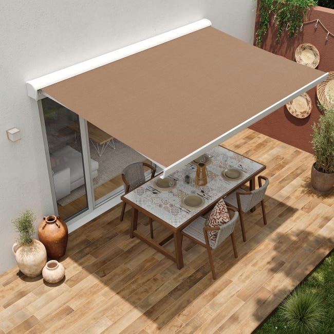 store banne motorisé 4x3 avec télécommande blanc, toile polyester taupe