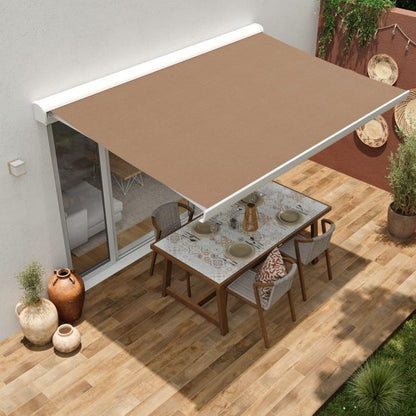 store banne motorisé 4x3 avec télécommande blanc, toile polyester taupe