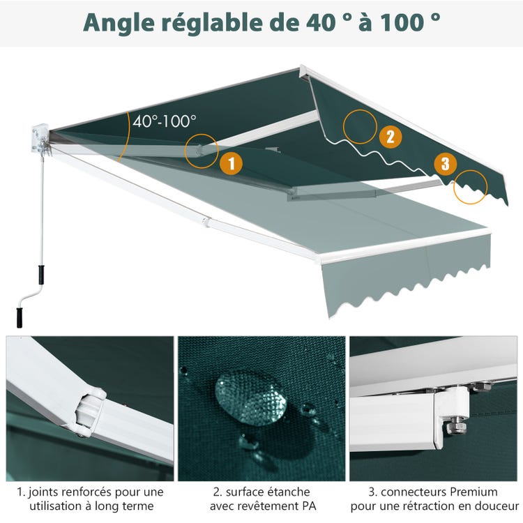 store banne manuel sans coffre rétractable 245x200CM Angle Ajustable 40°-100° sans Perçage Vert