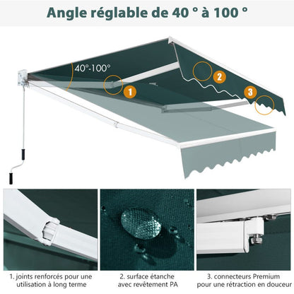 store banne manuel sans coffre rétractable 245x200CM Angle Ajustable 40°-100° sans Perçage Vert