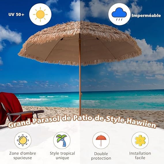 Parasol de Jardin de Paille 205Dx222H cm, Bord Drapé/8 Baleines