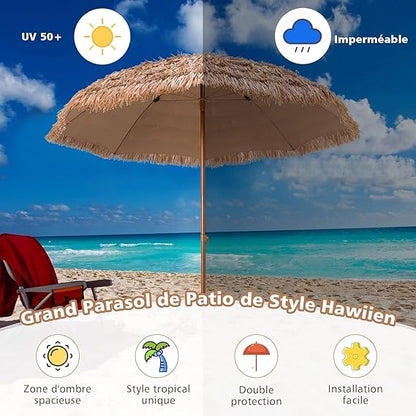Parasol de Jardin de Paille 205Dx222H cm, Bord Drapé/8 Baleines