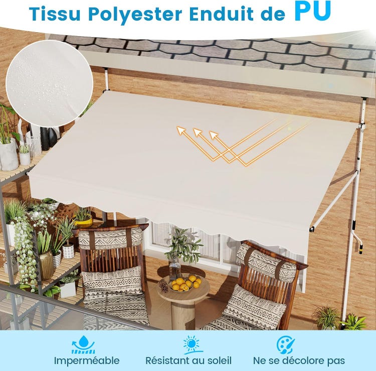 auvent terrasse rétractablevert en tissu imperméable 200 à 400x120cm