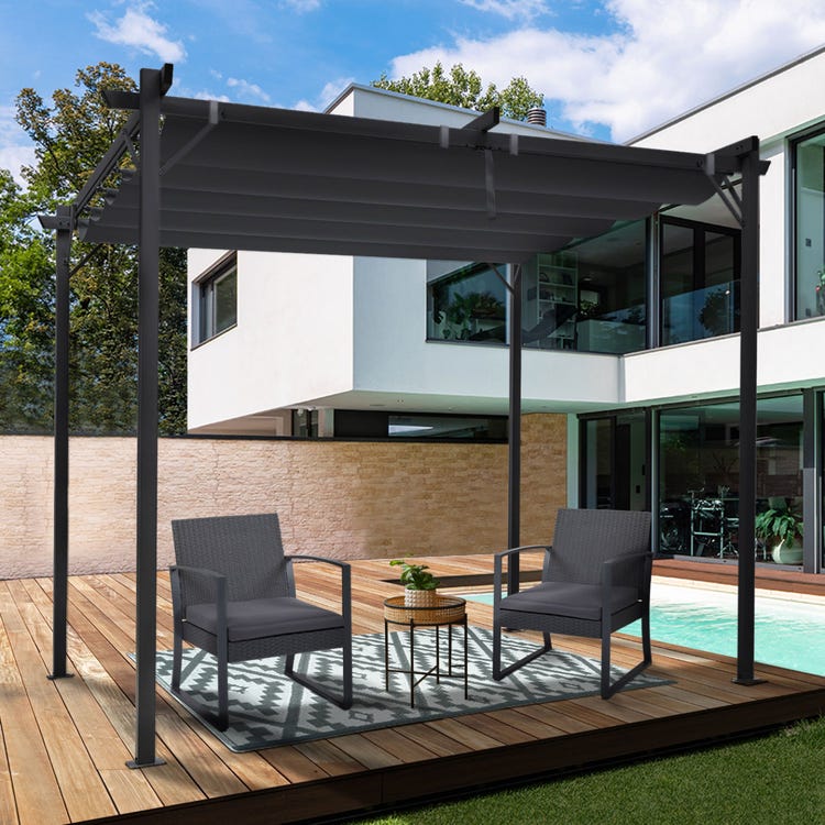 Pergola avec 3 toiles coulissantes 3L x 3l m métal époxy toile grise