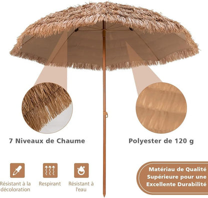 Parasol de Jardin de Paille 205Dx222H cm, Bord Drapé/8 Baleines