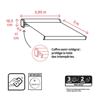 store banne 4x3 motorise, toile polyester gris