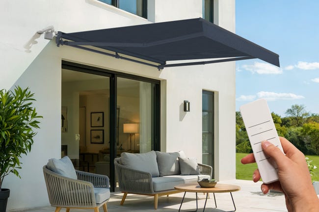 Store banne motorisé semi-coffre 3x2,5m - Toile premium Gris