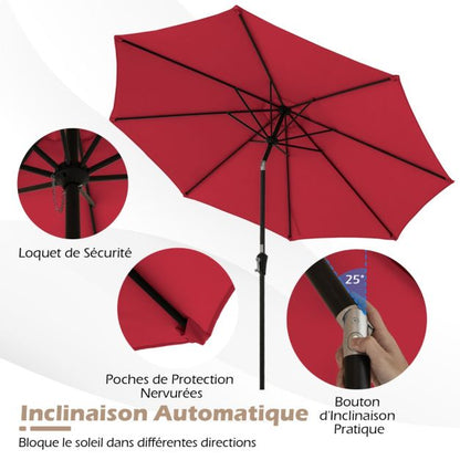 Parasol rouge inclinable Ø 2,7 m 8 baleines – Pour terrasses et jardins