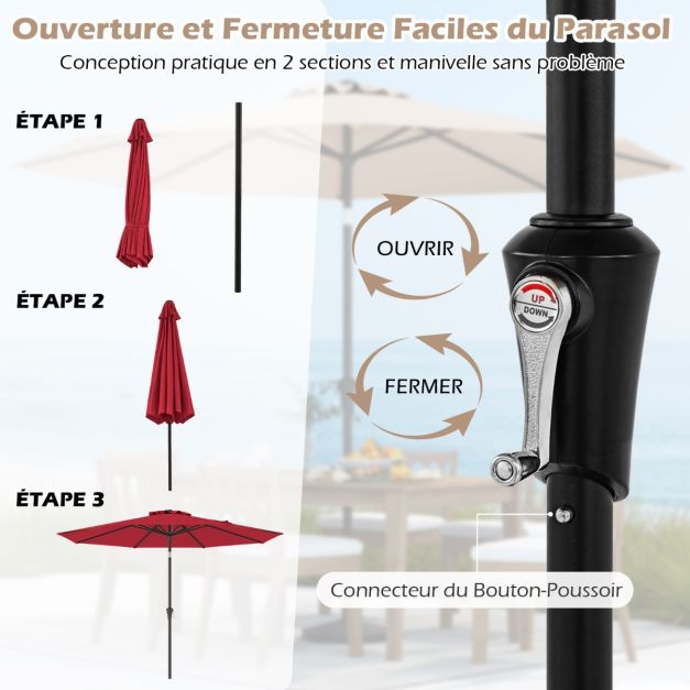 Parasol rouge inclinable Ø 2,7 m 8 baleines – Pour terrasses et jardins
