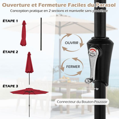 Parasol rouge inclinable Ø 2,7 m 8 baleines – Pour terrasses et jardins